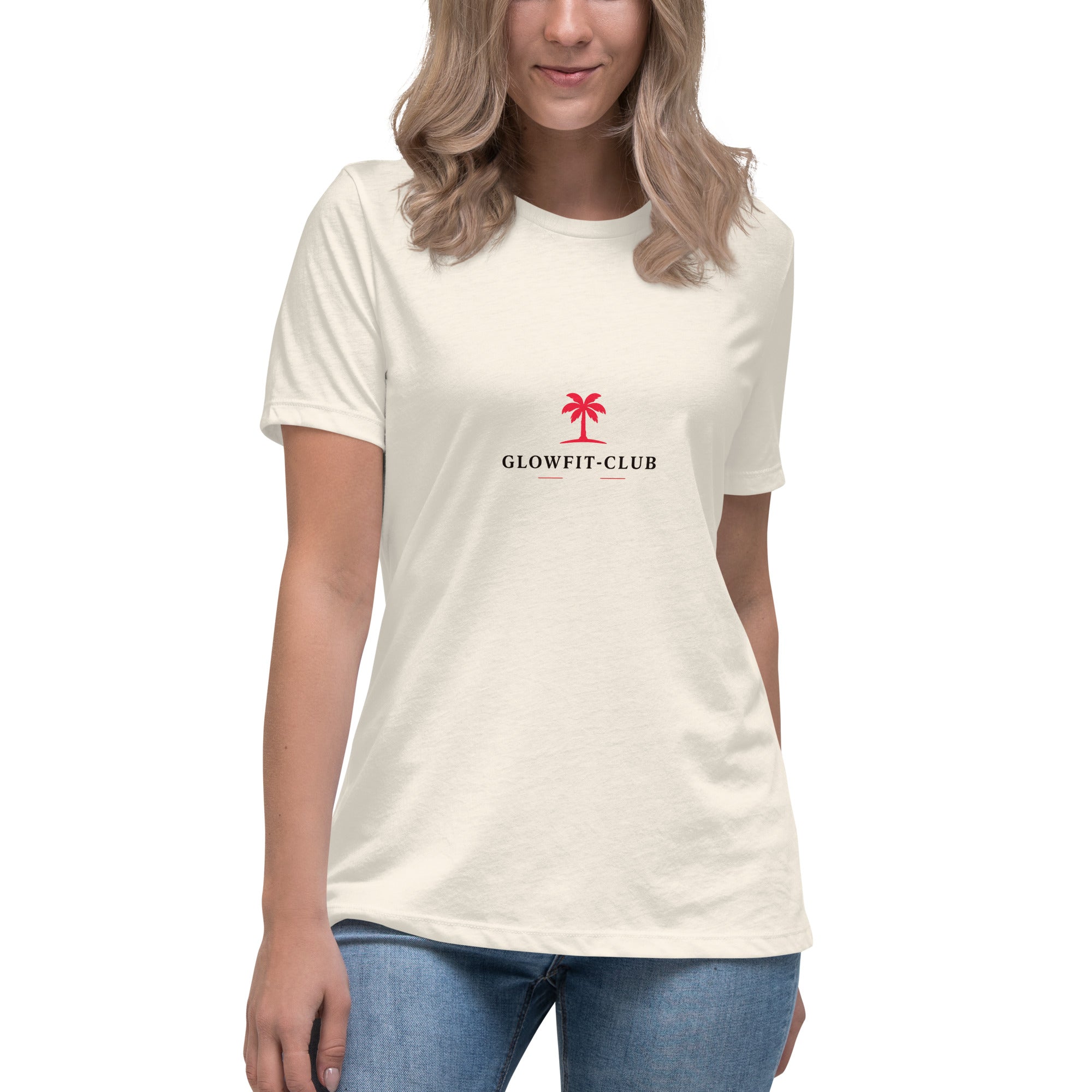 T-shirt crème devant avec logo « GLOWFIT-CLUB » rouge et rose