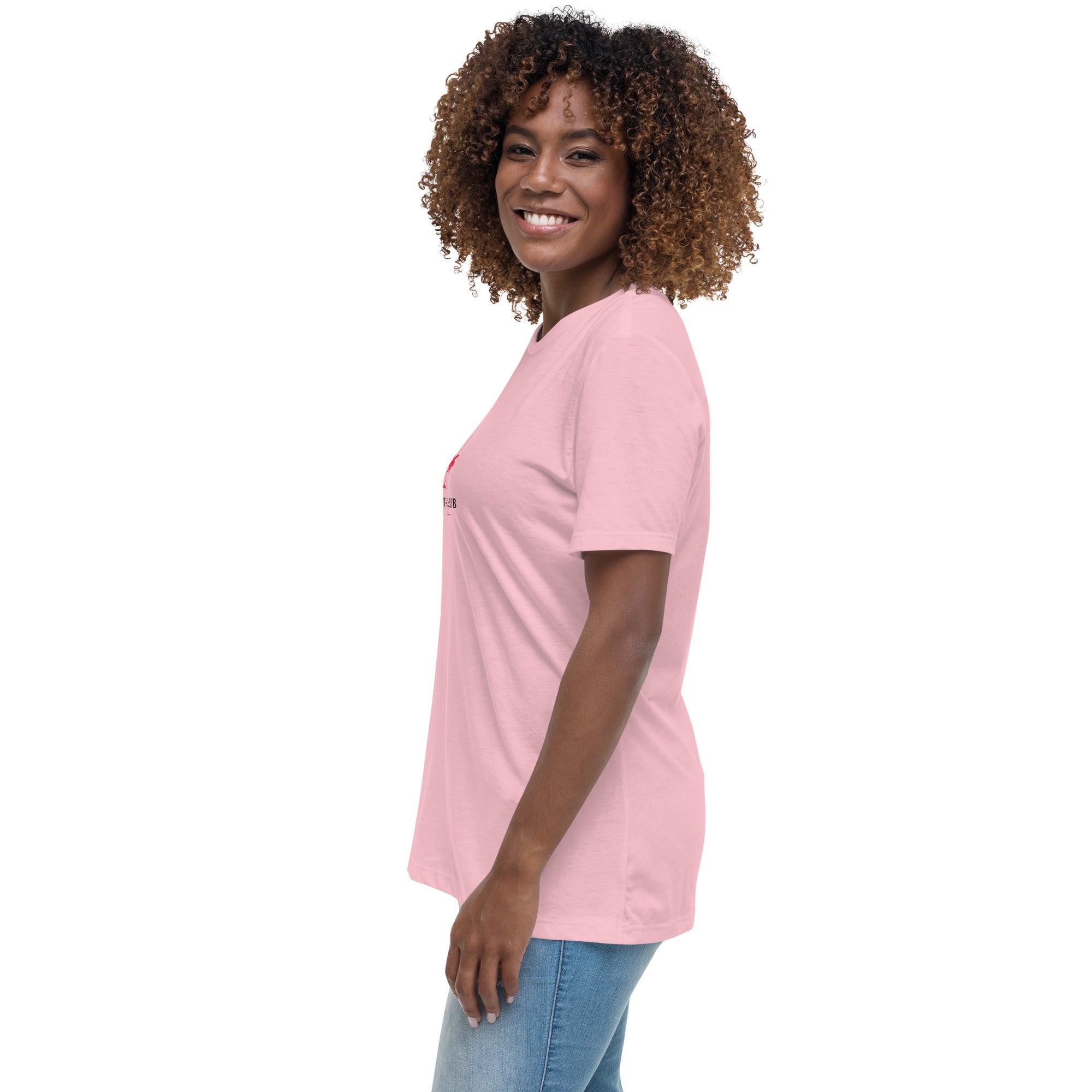 T-shirt rose manches courtes, vue de profil avec logo poitrine