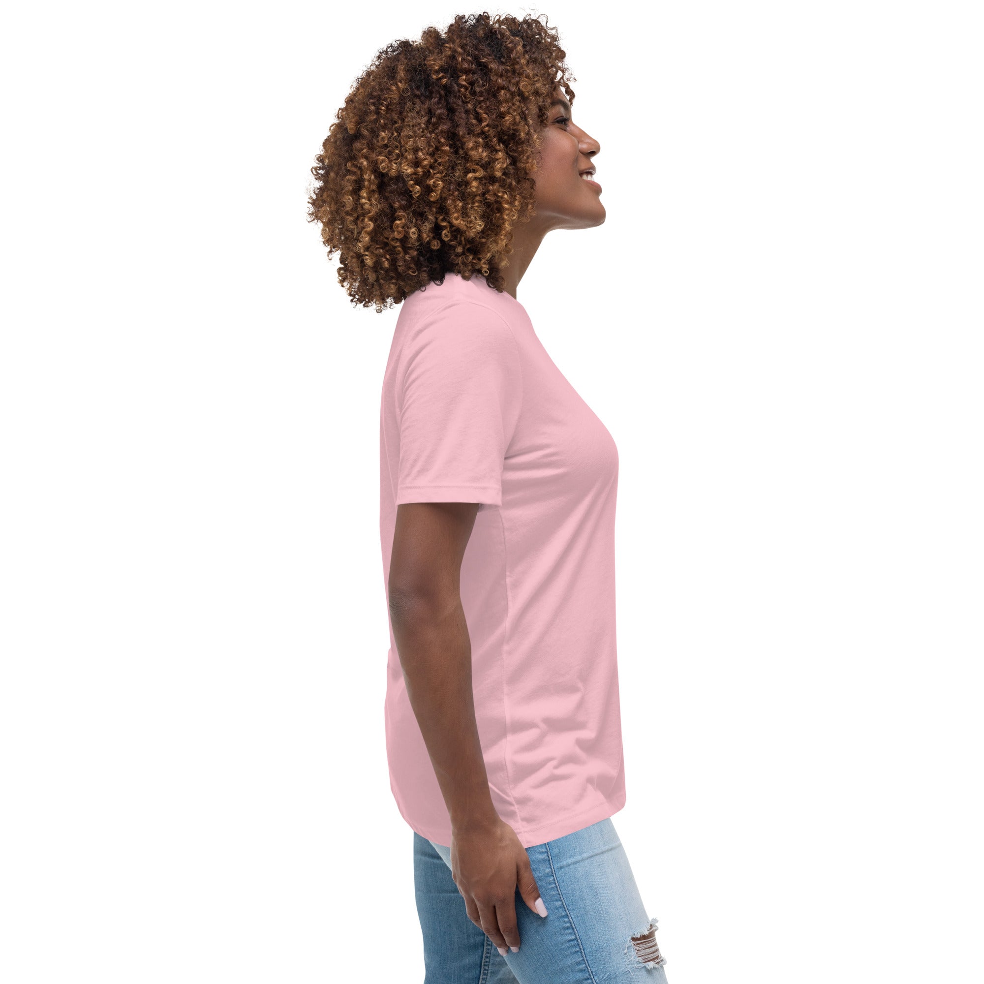 T-shirt rose manches courtes, vue de côté avec motif poitrine