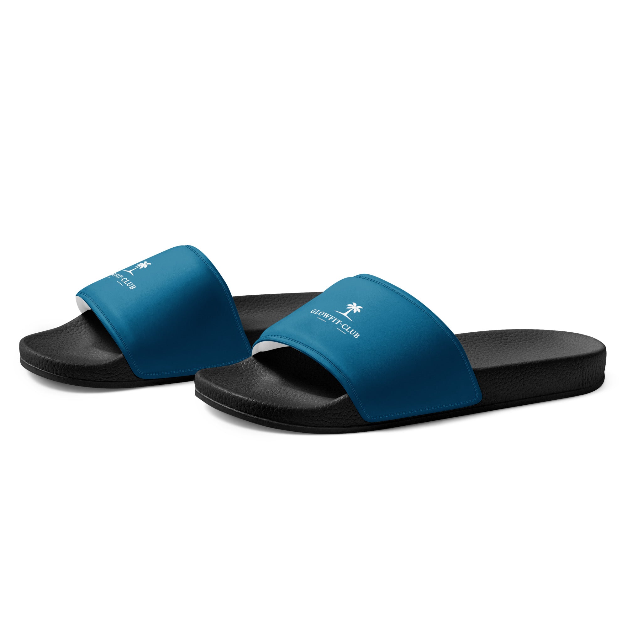 Sandales à enfiler vue de côté: brides bleu, semelle noire texturée.