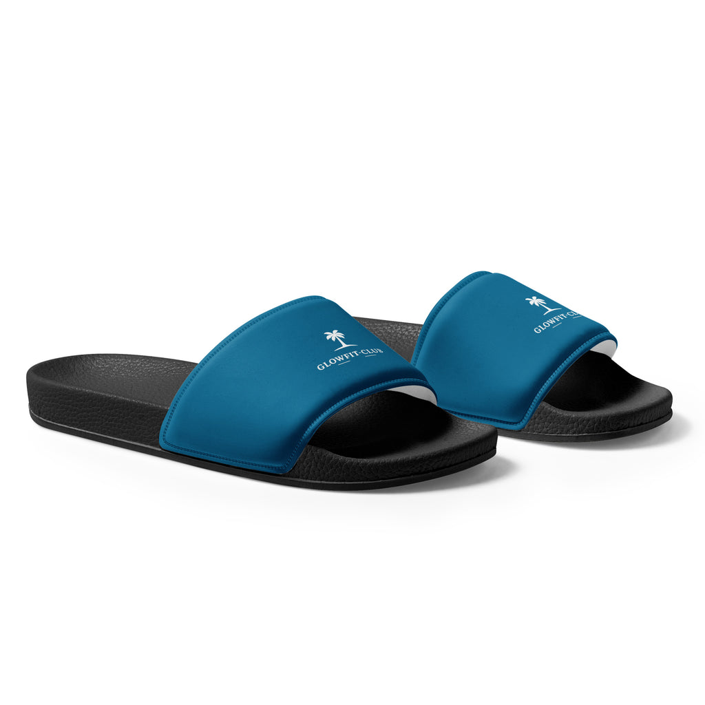 Sandales à enfiler bleu et noires, brides arrondies, profil latéral.